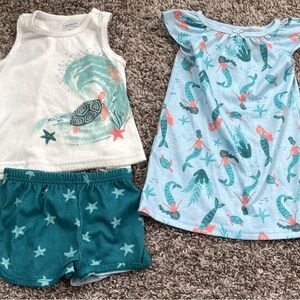 Carter's Girls Aqua & White Mermaid and Turtle Pajama Set- 12 month